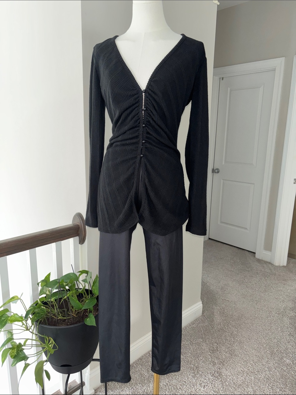 Two Piece Set Black Ruched Front Top & Pants